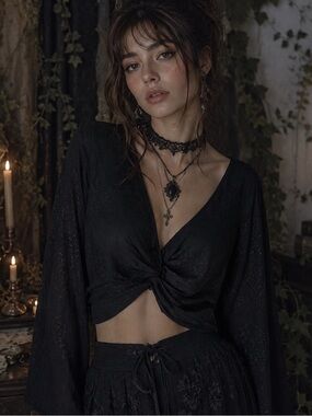Kirious Black Front Knot Smocked Bell Sleeve Fairy Grunge Witchy Blouse Size L
